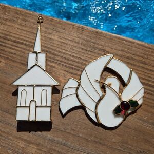 2 Vintage Tiffany Collectors Society Stained Glass Suncatchers Dove Church XMAS